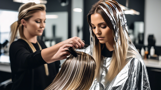 An image showing a professional hair stylist in a modern salon using aluminum foil to create highlights in a client's hair. The stylist is carefully placing the foil strips on sections of the client's