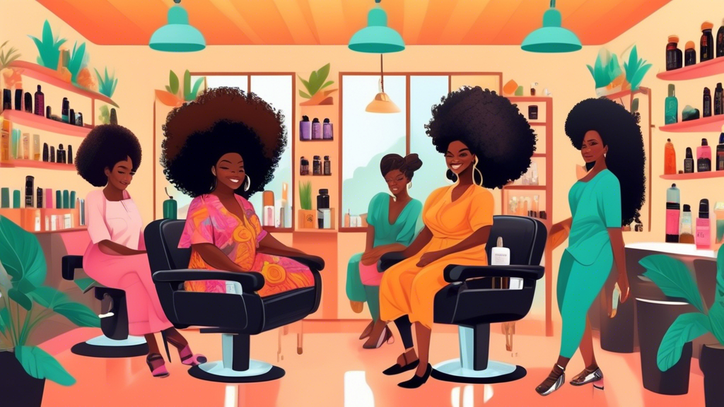 A vibrant and welcoming black natural hair salon with stylists working on various hair textures, women and men smiling while getting their hair done, shelves filled with natural hair care products, an