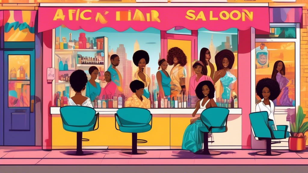 Create a vibrant illustration showing an African American hair salon in a bustling city neighborhood. The scene includes a bright salon storefront with a welcoming sign, a diverse group of clients wit