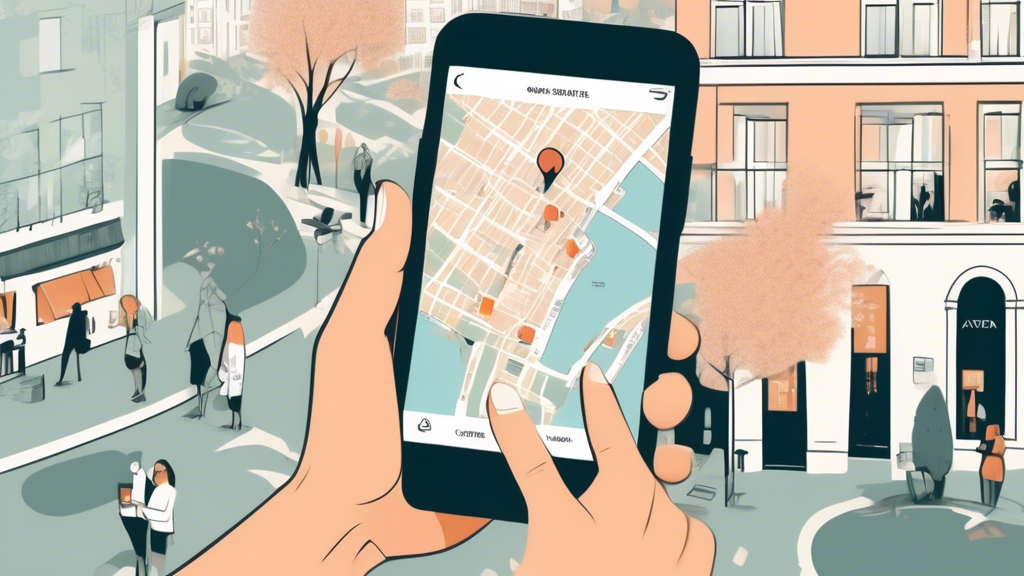 Create an image of a person holding a smartphone with a map application open, pinning the location of the nearest Aveda Institute. In the background, there are subtle hints of hair care and beauty pro