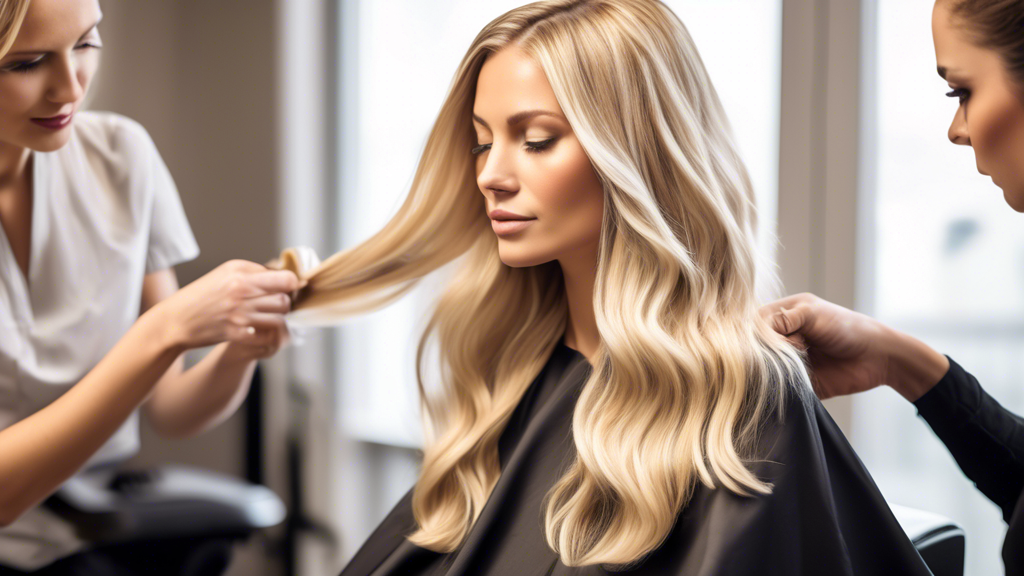 Create an image of a woman in a modern, chic salon having a blond balayage treatment done to her hair. Show her seated comfortably with a skilled hairstylist carefully applying the balayage technique.