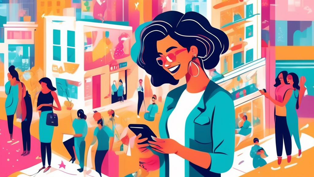 Create a vibrant illustration of a person happily looking at a smartphone with a map showing multiple hairstylist locations nearby. In the background, show a bustling city with colorful salons and sty