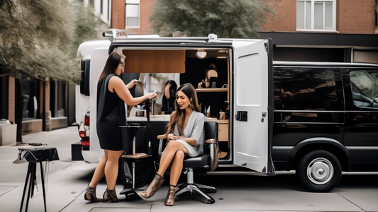 A stylish mobile hairstylist van parked in a trendy urban neighborhood, with a fashionable hairstylist working on a client's hair outside the van. The van is sleek, modern, and well-branded, and nearb