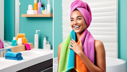 Create an image showcasing a vibrant bathroom scene: A person with a big, happy smile is using a colorful, fast-drying hair towel. The towel is stylish and efficiently absorbs water from damp hair. In