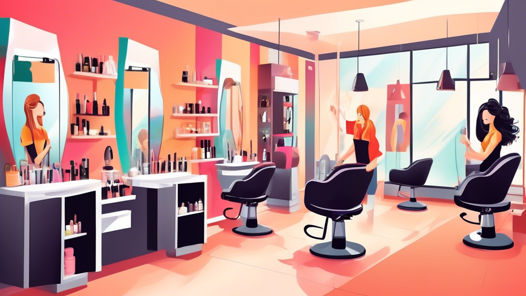 A chic, modern hair salon interior with a friendly, professional hair stylist showcasing various hair styling techniques to happy clients of different ages and backgrounds. The stylist's station is ne