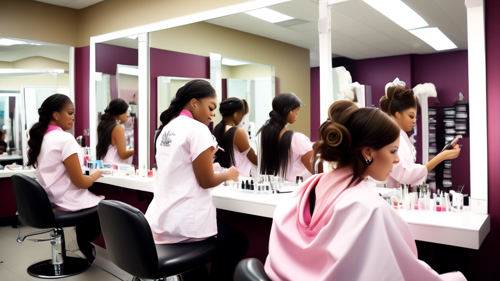 Create an image of a modern cosmetology school bustling with activity. Students are engaged in various beauty treatments like hairstyling, makeup application, and nail art. The environment is sleek an