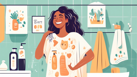 Create an image of a woman standing in a brightly lit bathroom, smiling and holding a T-shirt hair towel wrapped around her wet hair. Surround her with icons or small illustrations representing the be