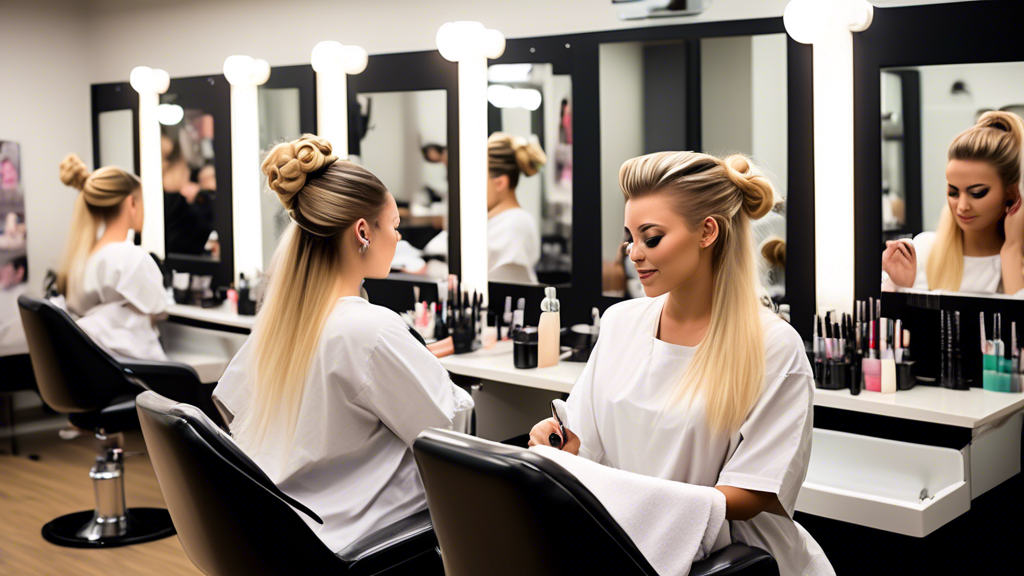 Create a vibrant and inspiring image of students studying and practicing beauty treatments at a top-notch beauty school. Showcase a modern classroom and salon environment filled with diverse students 