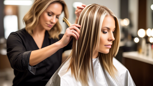 Create a high-definition image of a woman in a modern salon, getting her brown hair enhanced with blond foils. She is seated in a comfortable salon chair with a stylist applying the foils meticulously