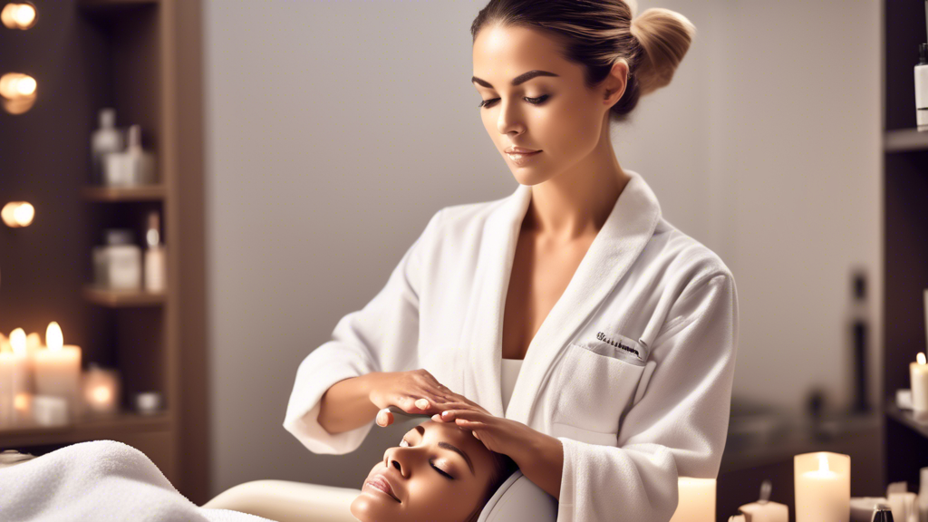 Create an image of a professional esthetician in a modern, well-lit spa setting, performing a facial treatment on a client. Surround the scene with various skincare tools, products, and a serene ambie