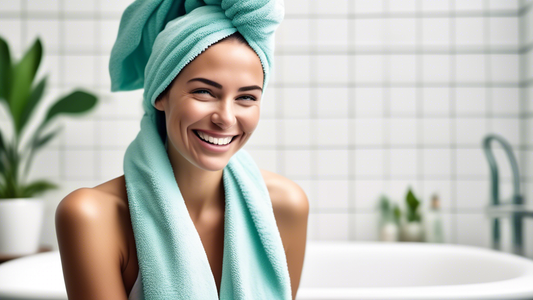 Create an image of a happy woman with damp hair, freshly washed, gently wrapping a soft, plush, turquoise terry cloth hair towel around her head. The bathroom setting is modern and bright with clean w