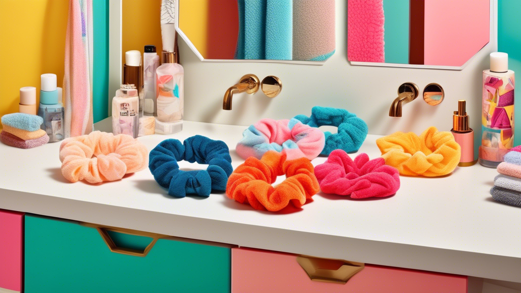 Create an image of vibrant, playful towel scrunchies in bold, retro patterns and bright colors. These towel scrunchies are displayed on a stylishly cluttered vanity, capturing a contemporary yet kitsc