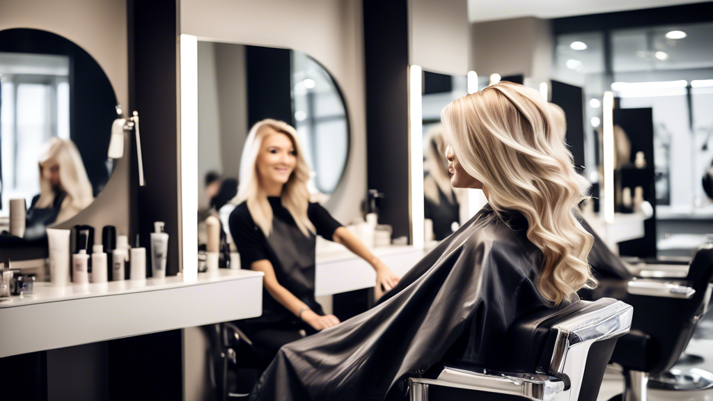 Create an image of a stylish, modern salon interior where a professional hairstylist is applying cool blonde foils to a delighted woman's hair. The woman sits relaxed in a sleek, contemporary salon ch