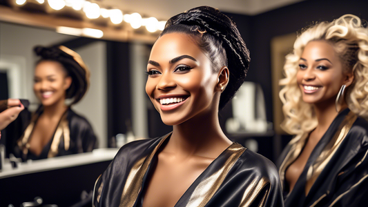 A highly detailed image showing an African-American woman with beautifully styled black hair, partially transformed with stunning blonde foils. The setting is a modern and chic hair salon, with the st