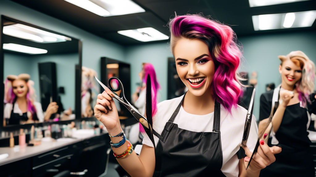 Create an image of an enthusiastic woman, holding a pair of scissors and a makeup brush, standing in a modern salon classroom filled with professional hairdressing and beauty tools. The background fea