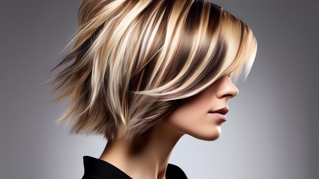 A medium-length brunette hairstyle being enhanced with vibrant blonde foils in a chic, modern salon setting, featuring a hairstylist applying the foils with precision, and reflecting the transformatio