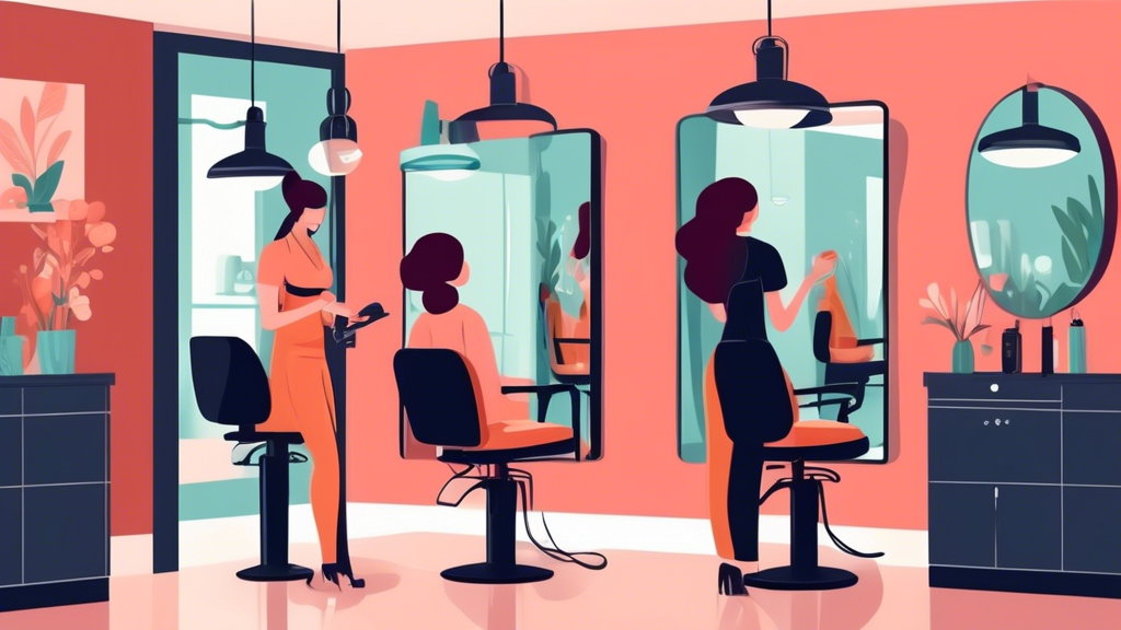 A cozy, modern hair salon scene with a professional hairstylist preparing to cut a client's hair. The salon has large mirrors, stylish decor, and a welcoming atmosphere. There's a sign in the backgrou