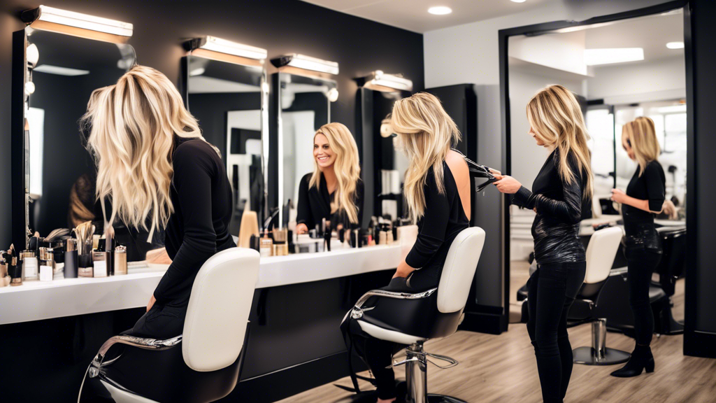 Create an image of a modern salon scene where a stylist is transforming a client's hair with a combination of blonde highlights and dark foils. The client should be smiling and looking at herself in t