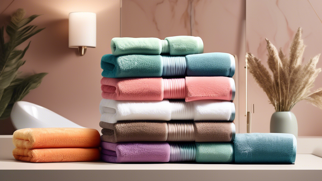 A stylish bathroom scene featuring an assortment of high-quality hair towels in various colors and textures displayed prominently. The setting includes attractive packaging with Amazon Prime badges an