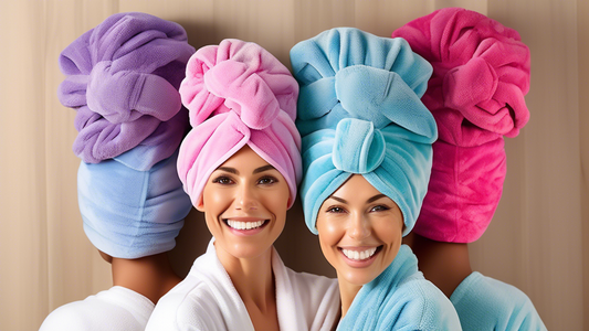 Create an image of a variety of colorful microfiber hair turbans neatly arranged in a cozy bathroom setting. Show women of different hair types and lengths wearing these turbans while enjoying a relax