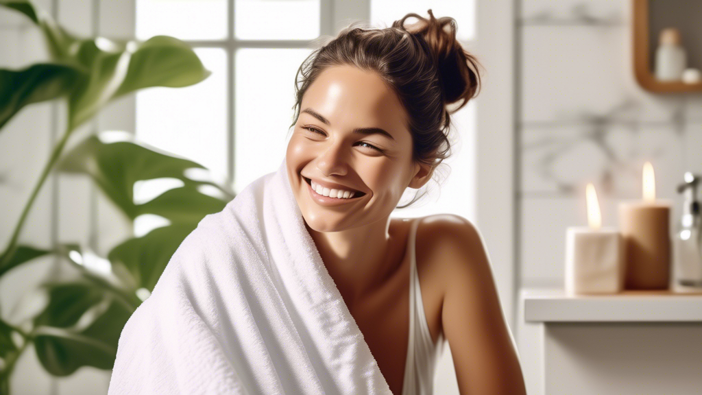 Create an image featuring a woman with wet hair wrapping it in a soft cotton hair towel. The scene should exude a sense of relaxation and comfort. Highlight the texture of the cotton towel and show th