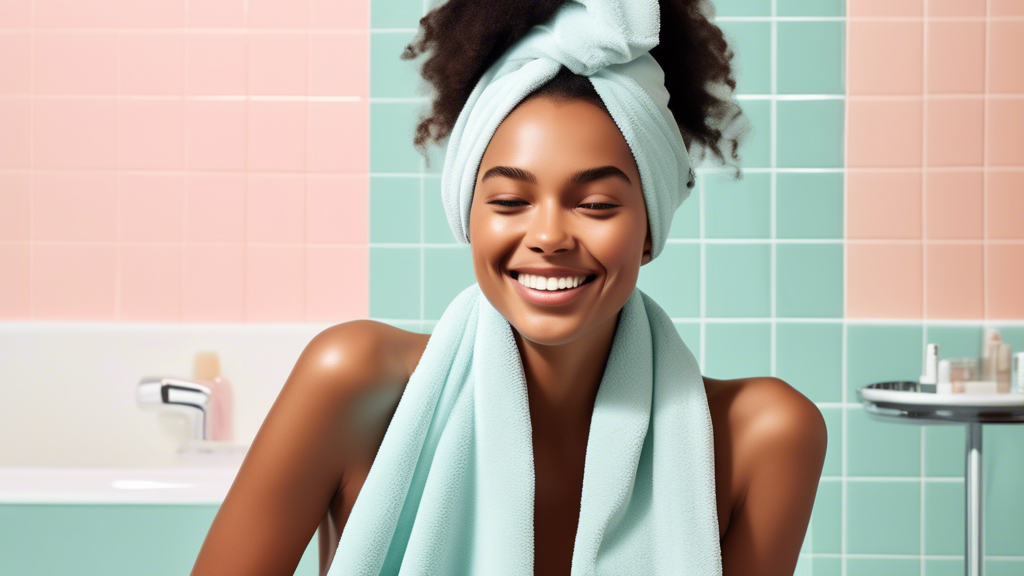 Create an image depicting a woman with wet hair in a stylish bathroom, looking delighted and relaxed as she uses a chic, soft Kitsch Quick-Drying Hair Towel. The background should include lush, modern