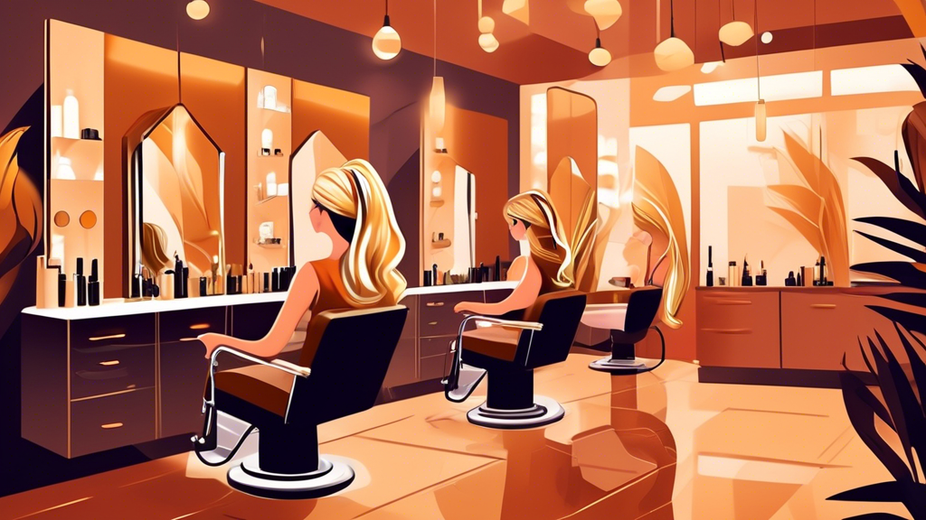 Create an image of a modern beauty salon where a stylist is applying blonde caramel foils to a client's hair. The client is comfortably seated with a smile, and the salon has a chic, contemporary desi