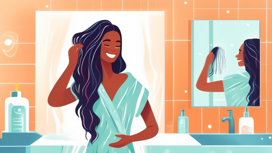 Create an image of a person with beautifully smooth and shiny hair, standing in front of a bathroom mirror. They are smiling and patting their dry, frizz-free hair with a soft, luxurious anti-frizz ha