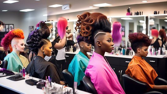 A lively and vibrant image of a diverse group of hair school students practicing different hairdressing techniques in a modern and stylish salon classroom. Some students are working on mannequin heads