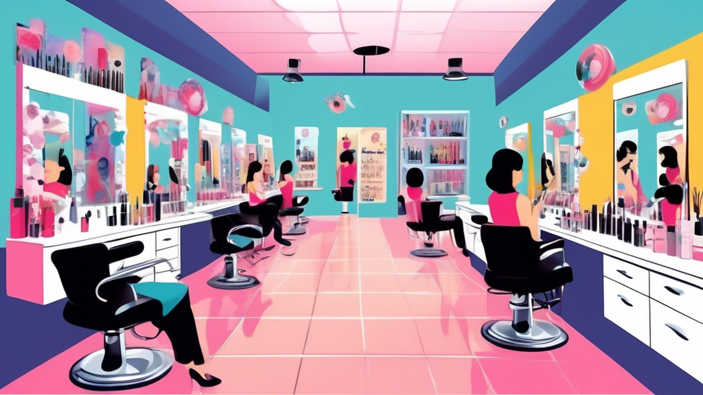 Illustrate a diverse classroom setting in a modern cosmetology beauty school with students practicing various beauty techniques like hairdressing, makeup application, and nail art under the guidance o