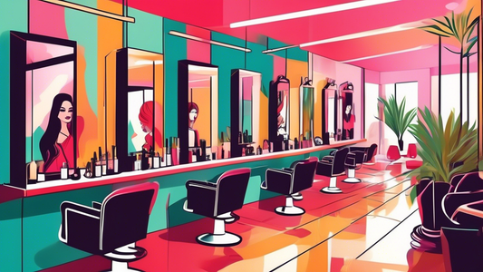 Create a vibrant and stylish image of a modern salon with professional female hairdressers expertly cutting, styling, and coloring clients' hair. Highlight a warm and inviting atmosphere, with chic de