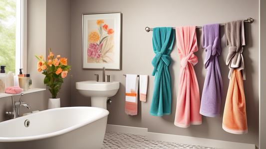 A vibrant display of the best towel wraps, featuring a variety of colors, patterns, and materials. Arrange them hanging neatly on elegant bathroom hooks, with a cozy, well-lit bathroom setting in the 