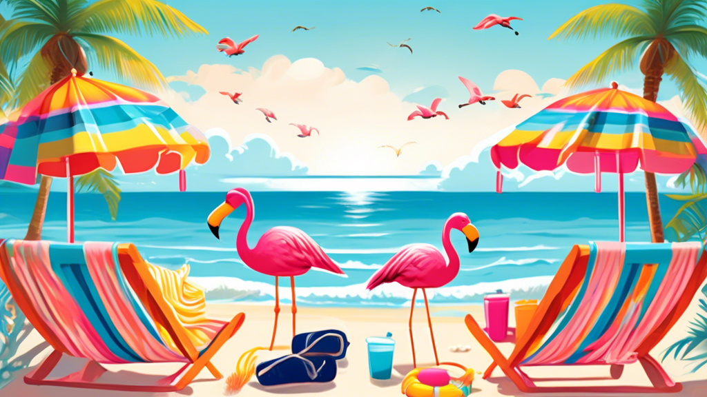 Create an image of a sunny beach scene with colorful towels securely fastened to beach chairs using vibrant, decorative Boca Clips in various shapes such as flamingos, flip-flops, and sunglasses. Show