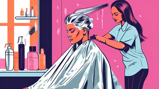 Create an illustration that shows a person in a salon setting with their hair sectioned and wrapped in aluminium foil. The person is in the process of having their hair dyed by a professional hairstyl