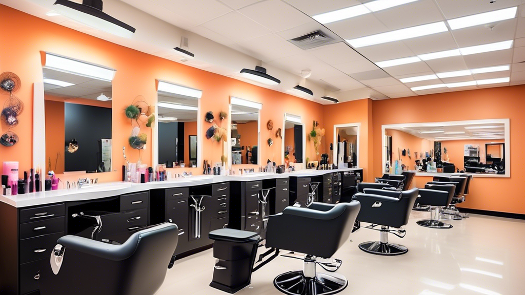 Create an image of a bright and modern classroom within a top-rated cosmetology school. There should be students practicing hairstyling, makeup, and nail art under the guidance of experienced instruct