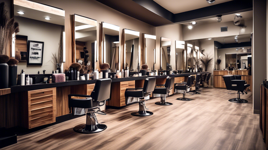 Create an image of a modern, stylish hair salon with a focus on a variety of high-quality towels displayed prominently. Show vibrant, neatly folded microfiber, cotton, and bamboo towels in an array of