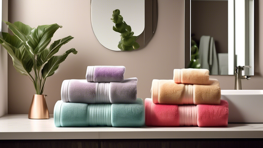 Create an aesthetically pleasing image of a selection of beautifully designed hair towels in varying textures and colors, neatly arranged on a bathroom countertop. Include elements like soft lighting,