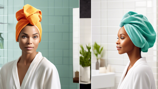 Create an image of a person with healthy, shiny hair wearing an Aquis Waffle Hair Turban in a modern, bright bathroom. Show before and after scenes illustrating the improvement in hair texture. Includ