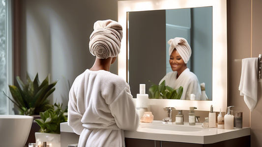 Create an image of a luxurious bathroom setting with a person using an Aquis hair turban. The person looks relaxed and happy with their hair wrapped neatly in the turban, while standing near a stylish