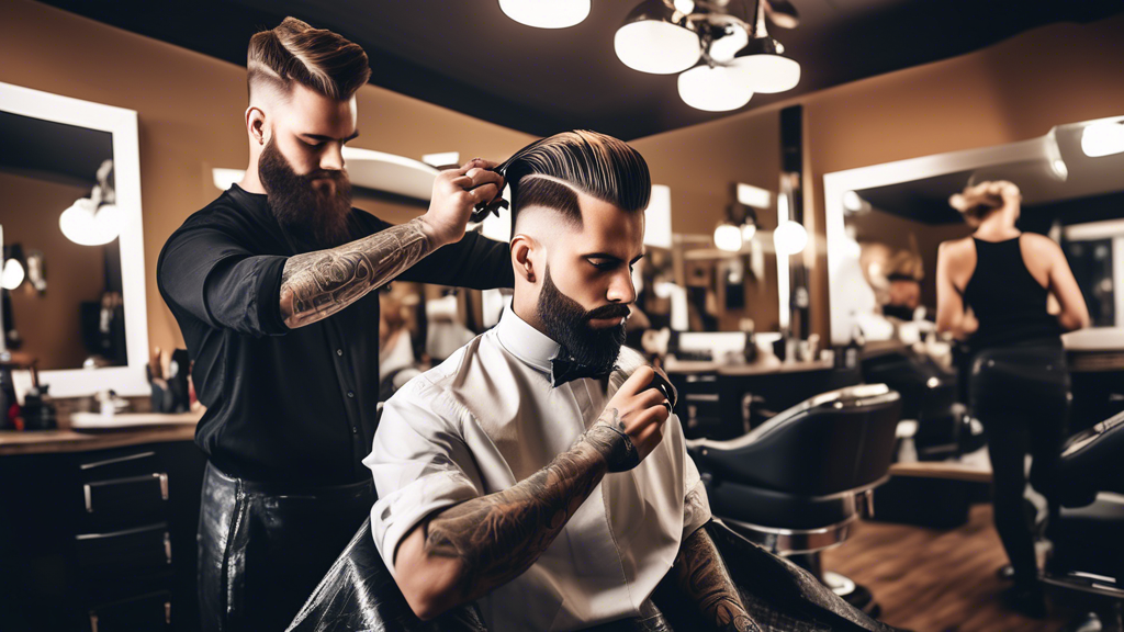 Create a vibrant and modern barbershop scene. Focus on a skilled male hair stylist, meticulously cutting and styling a client's hair. The stylist is a young, trendy individual with a confident and fri