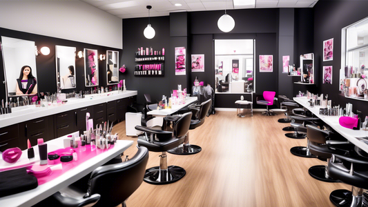 Create an image showcasing a vibrant and stylish beauty school classroom filled with aspiring professionals. Students are engaged in various beauty courses such as hairstyling, makeup application, and