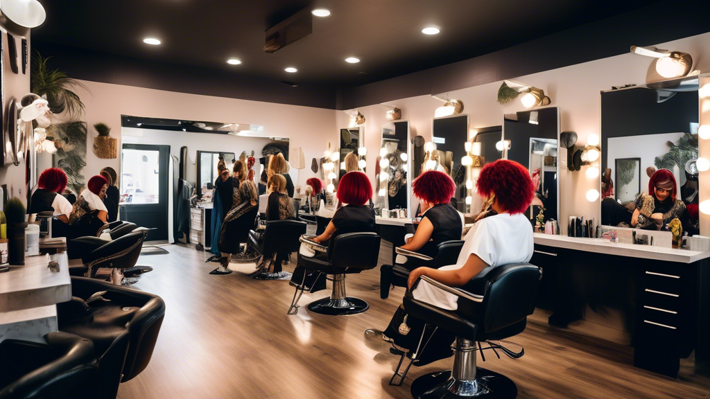 A vibrant, well-lit salon filled with clients getting their hair styled by diverse, talented hairstylists. The atmosphere is lively and welcoming, with stylish decor and large mirrors reflecting vario