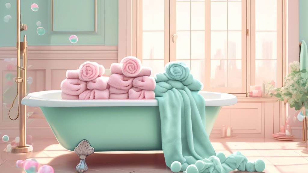 A serene bathroom scene showcasing a variety of towel scrunchies in warm, soft colors like pastel pink, mint green, and sky blue. These scrunchies are arranged around a luxurious, fluffy towel hanging