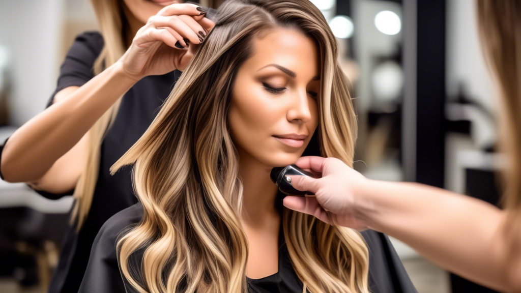 A stylish, modern salon scene featuring a professional stylist applying balayage highlights to a client's hair. The client's hair has a natural, soft wave and the highlights blend seamlessly from dark