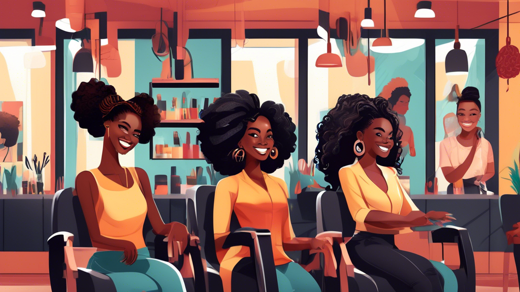 Illustration of a welcoming and stylish black hair salon, showcasing diverse hairstyles like braids, afros, and locs. The salon has a modern interior with friendly hairstylists attending clients, and 