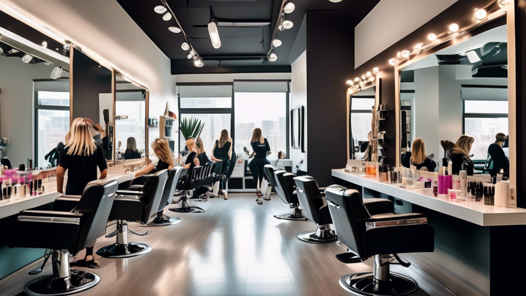 A vibrant, modern salon interior with several hairstylists diligently working on clients. The hairstylists are diverse in appearance and styles, showcasing their skills with various haircuts and color