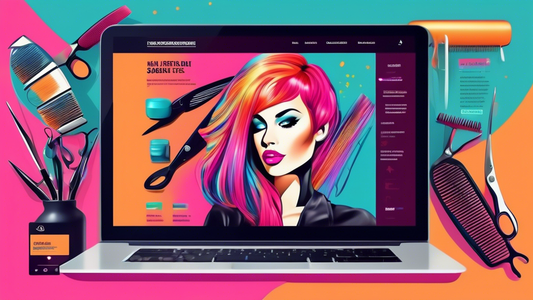 Create an image of a trendy, modern hair salon website layout displayed on a laptop and a smartphone, showcasing vibrant images of hairstylists at work, a polished portfolio of hairstyles, online book