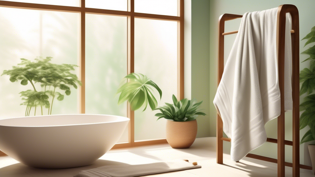 Create an image showcasing a serene bathroom setting with a plush organic cotton hair towel draped over a wooden towel rack. Highlight its softness and eco-friendly nature by including subtle green el