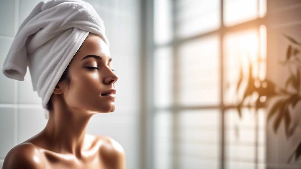 Create an image showcasing a person with wet hair wrapping an ultra-absorbent, plush microfiber towel around their head. The background could depict a bright, modern bathroom setting with a soft, warm