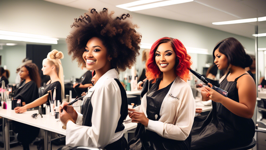 Create an image of a diverse group of cosmetologists in a modern, brightly-lit classroom setting, actively engaging in a refresher course. Include various learning activities such as hair styling, mak